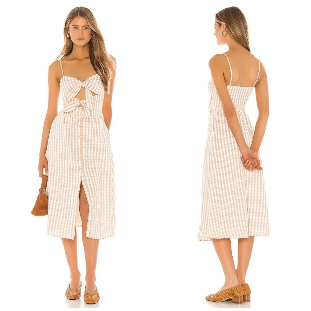 NWT MAJORELLE Joel Midi Dress in Gold Check Size Large
